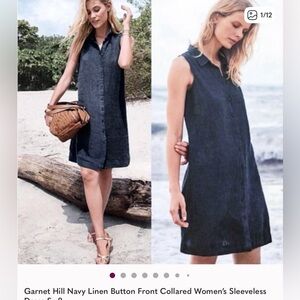 Garnet Hill Navy Linen Button Front Collared Women’s Sleeveless Dress Sz 8